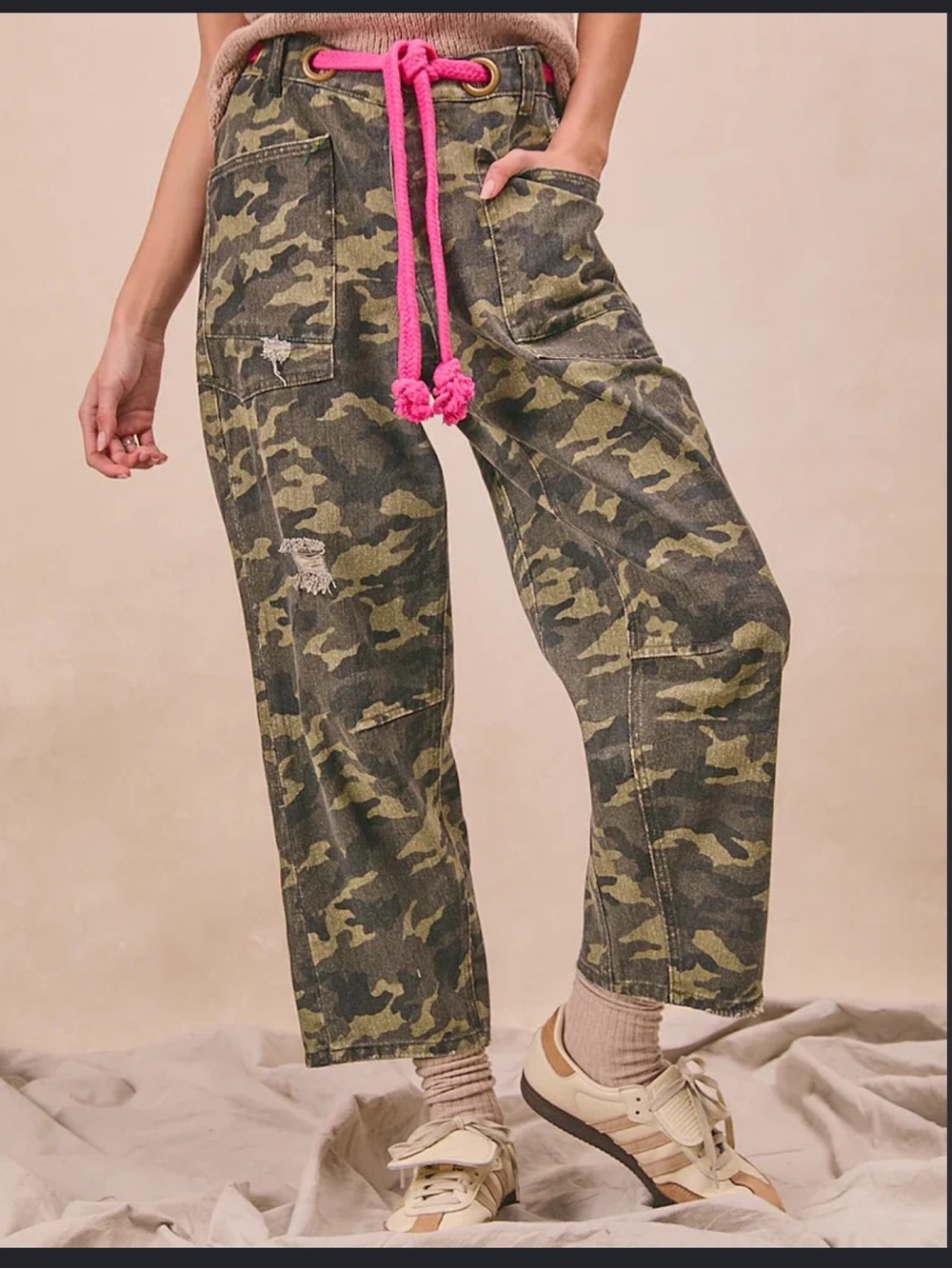 BiBi Olive Camo jean with Hot Pink Drawstring